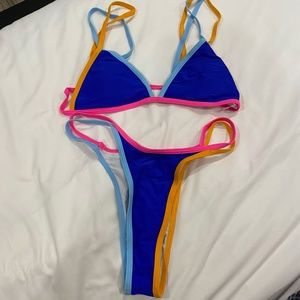 contrast binding triangle thong bikini swimsuit